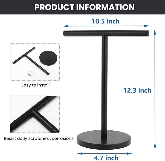 T-Shape Bath Hand Towel Holder Stand, Stainless Steel Free Standing Hand Towel Rack, for Bathroom Kitchen & Countertop, Matte Black