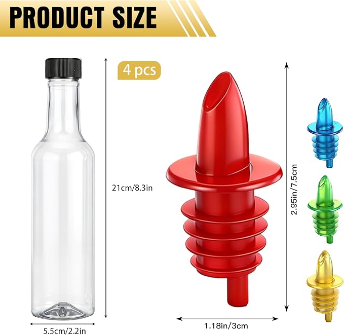 Tioncy 4 Sets 10oz Plastic Liquor Bottles with Pourers Sets 4 Plastic Long Neck Syrup Bottles with Pourer and Caps Reusable Leakproof for Home Party Bar(Red, Yellow, Blue, Green)