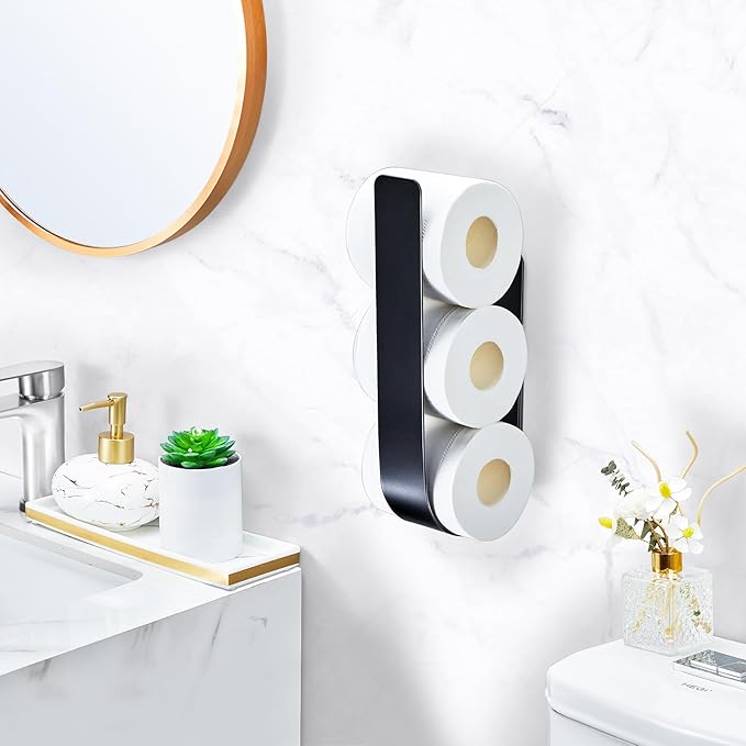 Toilet Paper Storage Wall Mount, Over The Tank Extra Toilet Paper Holder for 3 Rolls Tissue, Metal Tissue Roll Storage Stand for Bathroom, RV Adhesive Loo Roll Holder (Black)