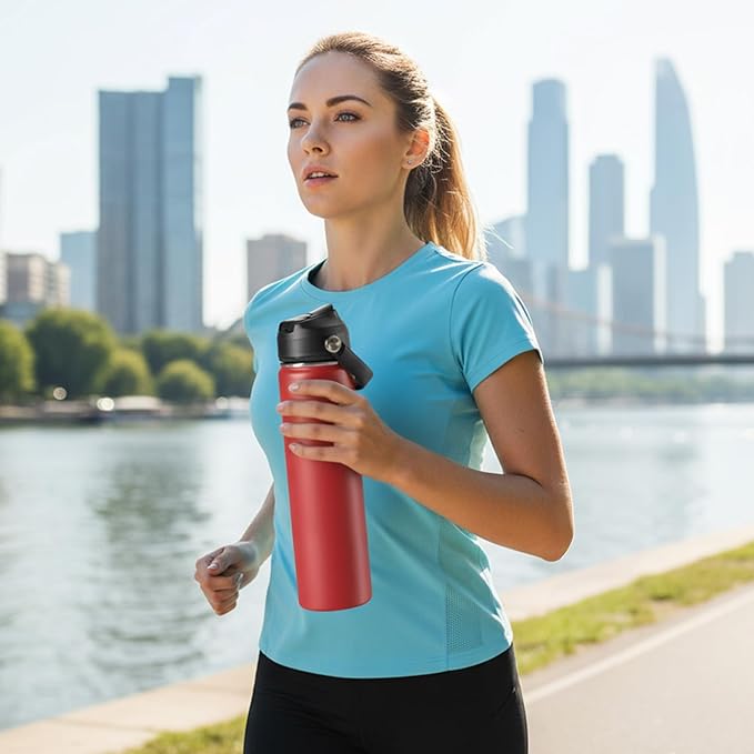 24oz Insulated Stainless Steel Water Bottle, Wide Mouth Double Wall Vacuum, Silicone Straw, Sweat & Leak Proof, BPA Free Insulated Water Flask for Travel, Keep Cold 24h Hot 12h, Scarlet