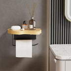 Wall Mounted Toilet Paper Holder with Shelf, Bamboo Wood and Matte Black Metal, 7.08x5.11 Inch Storage Rack for Bathroom
