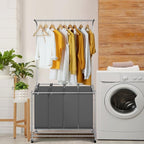 LUCKUP Laundry Sorter 4 Sections with Hanging Bar, 4 Bags Laundry Hamper Rolling Laundry Basket Cart with Lockable Wheels for Laundry Room Bathroom Bedroom, Dark Grey