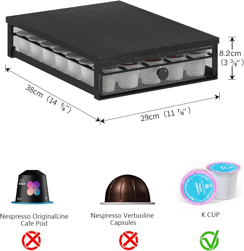 Coffee Pod Holder Counter Coffee Vertuo Capsules Storage Organizer with Sliding Drawer Compatible For 35 K-Cup Pods No Assembly Needed Black