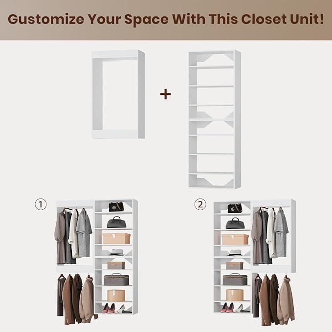 ROOMTEC Modular Closet System, 67" Wall-Mounted Closet Organizer with Hanging Rods and Shelves, Wooden Tower for Walk-In Closets, Wardrobe Storage Kit, White