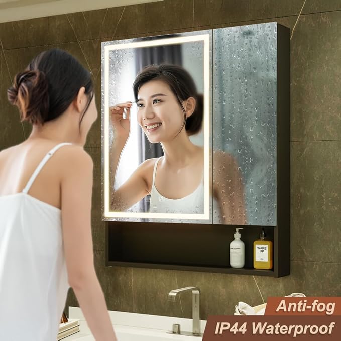 KWW LED Lighted Bathroom Medicine Cabinet with Sockets & USBs, Defogger, Dimmable, 3 Color Light Makeup Mirror, Easy to Install, Wall Mounted Cabinet (2 door-30 * 34)
