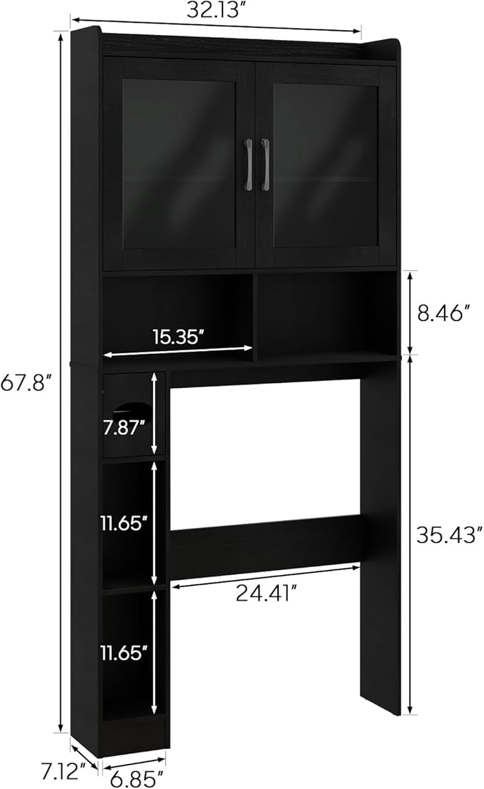 Vabches Over-The-Toilet Storage Cabinet, Farmhouse Style with 2 Acrylic Waves Doors, Space-Saving Home Storage Rack for Restroom, Bathroom and Laundry Room.Black.