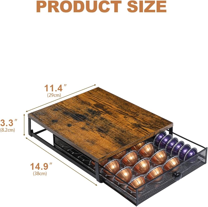 Coffee Pod Holder Drawer Organizer Vertuo Capsules Storage Organizer with Sliding Drawer Compatible For Nespresso Vertuo Pods, Holds up to 56 Small or 28 Big Vertuo Pods Rustic Brown