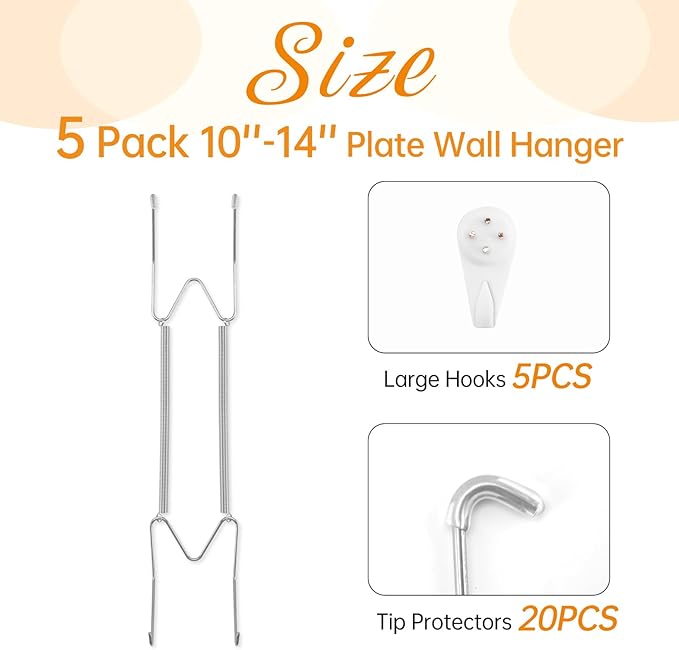 5 Pack Plate Hangers for The Wall, Suitable for 10-14 inch Art Plate, Stainless Steel Invisible Heavy Duty Wire Plate Holder with Wall Hooks, Plate Hangers for Displaying Plates, Platter, Dish, Silver
