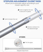 Closet Rods for Hanging Clothes, 17 to 39 Inches Stepless Adjustable Metal Closet Rod, 1.3 Inches Heavy Duty Clothes Hanging Rod for Closet Wardrobes Laundry RV, Silver