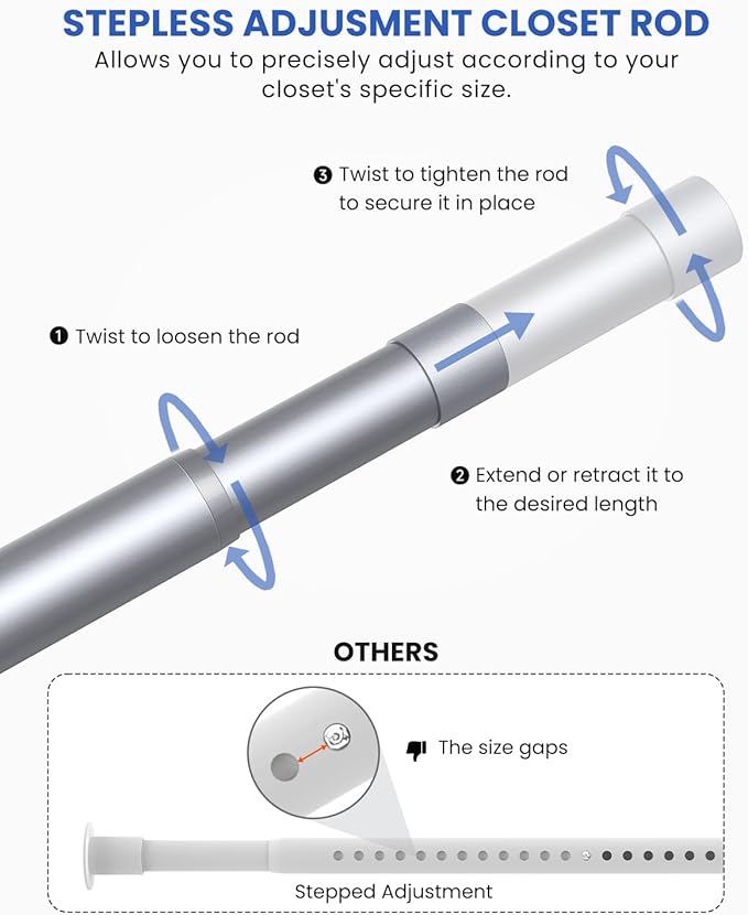 Closet Rods for Hanging Clothes, 17 to 99 Inches Stepless Adjustable Metal Closet Rod, 1.3 Inches Heavy Duty Clothes Hanging Rod for Closet Wardrobes Laundry RV, Silver