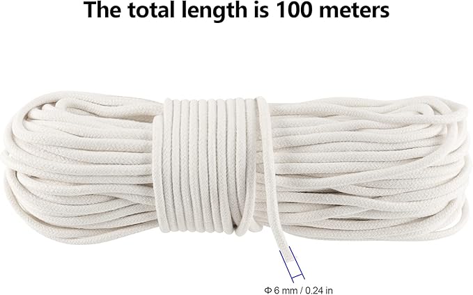 FUNSUEI 328 Feet #8 Sash Cord, 1/4 Inch Cotton Sash Cord, White Sash Cords for Window, Clotheslines, Decoration, Tie Down, Camping