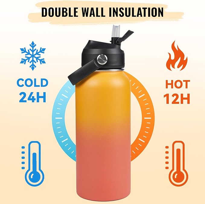 32oz Insulated Stainless Steel Water Bottle, Wide Mouth Double Wall Vacuum, Silicone Straw, Sweat & Leak Proof, BPA Free Insulated Water Flask for Travel, Keep Cold 24h Hot 12h, Orange