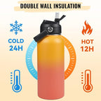 32oz Insulated Stainless Steel Water Bottle, Wide Mouth Double Wall Vacuum, Silicone Straw, Sweat & Leak Proof, BPA Free Insulated Water Flask for Travel, Keep Cold 24h Hot 12h, Orange