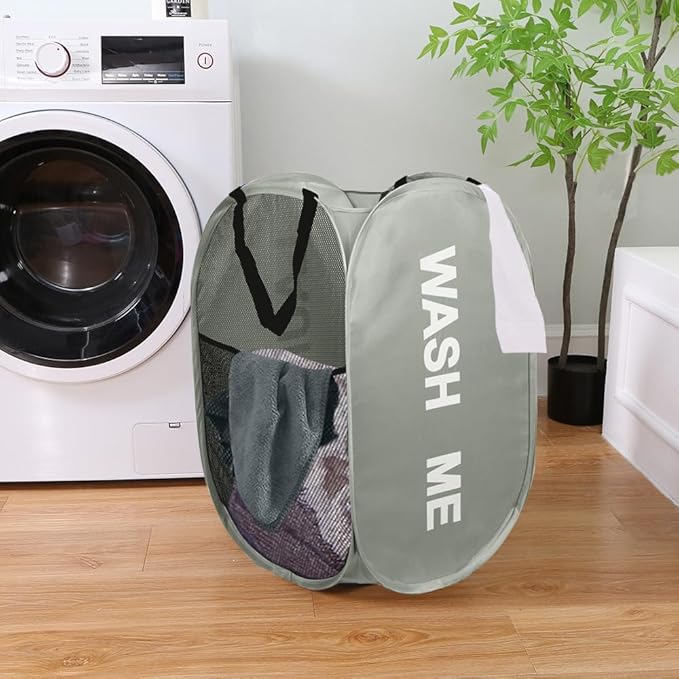 Mesh Popup Laundry Hampers, Collapsible Laundry Baskets, 2 Pack Dirty Clothes Hampers for Home, Bathroom, College Dorm, RV Cruise, Travel (Gray + Blue)