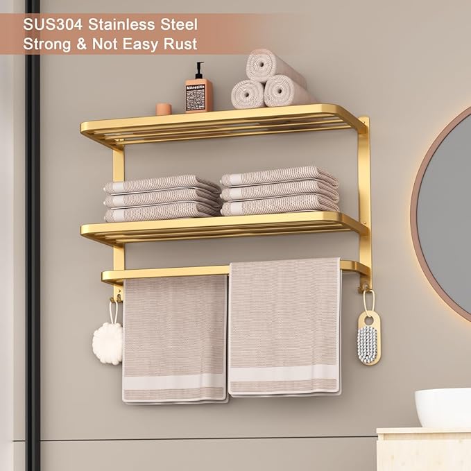 DDS-DUDES 23 Inch 3-Tier Gold Towel Racks for Bathroom with Towel Bars Multilayer Hotel Towel Shelf Stainless Steel Wall-Mounted Brushed Finish Holder with Towel Shelves