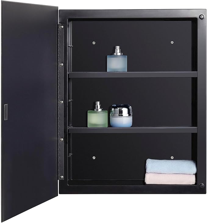 Black Plastic Bathroom Medicine Mirror Cabinet Beveled Edge, 16 x 20 inch, Surface and Recessed Mount