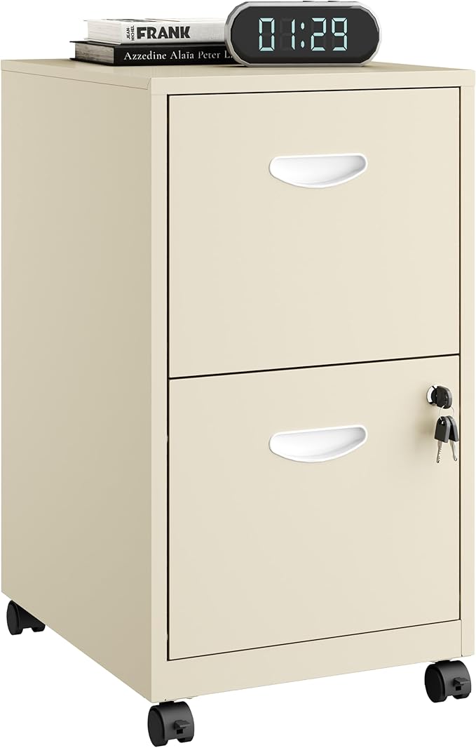 2 Drawer File Cabinet on Wheels, Mobile Two Drawer Filing Cabinet, Small Rolling Files Cabinets for Under Desk, Metal Filing Cabinets for Letter Size Folders, Cream - Assembly Required