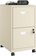 2 Drawer File Cabinet on Wheels, Mobile Two Drawer Filing Cabinet, Small Rolling Files Cabinets for Under Desk, Metal Filing Cabinets for Letter Size Folders, Cream - Assembly Required