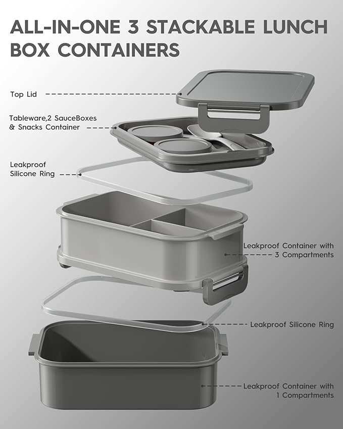Adults Bento Lunch Box Set with Thermo Bag, 74oz Stackable Leak-proof 3-tiers Bento Box, Built-in Utensil and Sauce Container for Work, School, Dining Out (Gray)