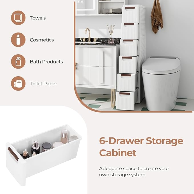 Giantex 6 Drawers Storage Cart, Narrow Plastic Dresser, Rolling Organizer Cart for Office Classroom Bedroom Bathroom Art Craft Supplies, Mobile Slim Utility Cart on Wheels (7.5"x16.5"x43")