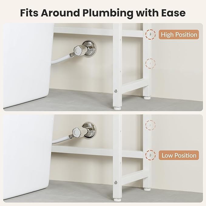 Over The Toilet Storage Rack, Bathroom Organizer with 3 Shelves & Basket, Space Saver Over Toilet Shelf with Adjustable Hooks, White