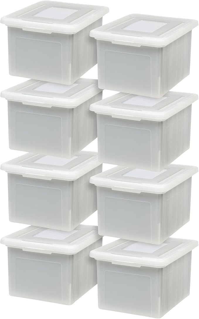 IRIS USA 8 Pack File Box, Plastic File Organizer with Lids for Letter/Legal File, Portable Document Box, Storage Bin with Secure Lid, Pearl 35 Qt.
