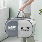 Pop Up Laundry Hamper 2 Section, Collapsible Laundry Basket with Carry Handles for Home, Laundry Room, Bedroom, Dorm, RV Travel (Grey & Beige - 2 Compartments)