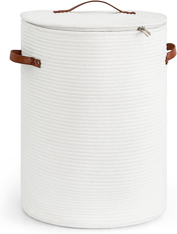 CHICVITA Tall Laundry Basket with Lid, White Clothes Laundry Hamper for Nursery, Cotton Rope Storage Basket for Clothes, Blankets, Toys, Laundry Bin, 15 x 20 inches