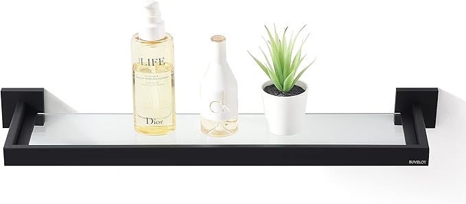Bathroom Shelf, Glass Shelf for Bathroom, 22.32 Inch Large, 8mm Extra Thick Tempered Glass Shelves Wall Mounted, Square Modern Rectangular, Matte Black,No Assembly, 071090-MB