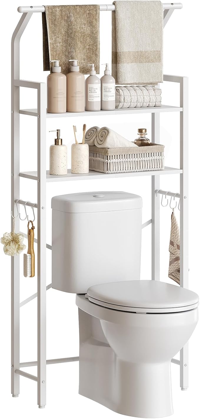 2-Tier Over The Toilet Storage, Multifunctional Vertical Over Toilet Bathroom Organizer, Freestanding Bathroom Storage Shelves with Hooks, Bathroom Organizer, Rustic Brown and Black TR01WT