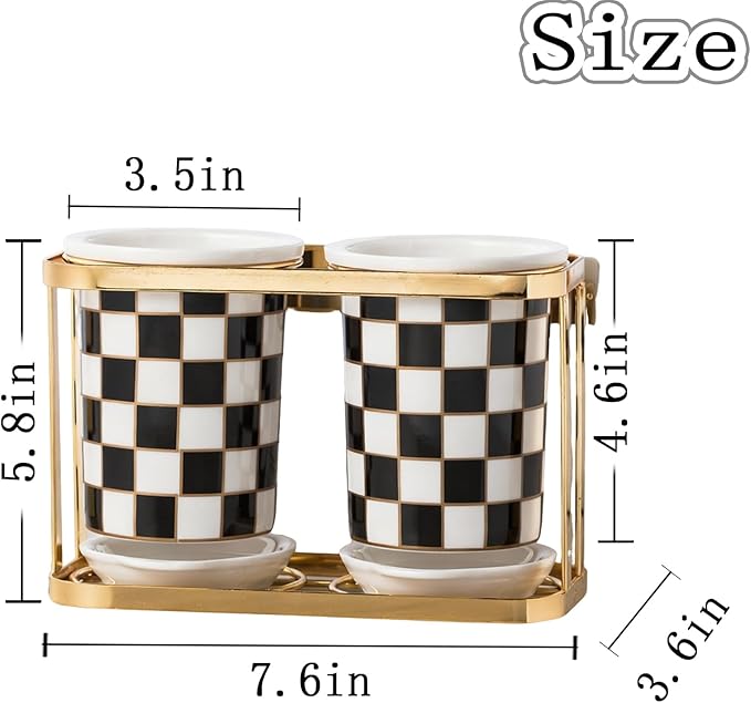 Ceramic Checkered Utensil Crocks with Gold Metal Rack, Black & White Grid Kitchen Utensil Storage, Farmhouse Kitchen Decor, Flatware Organizer & Home Accessory (Black)