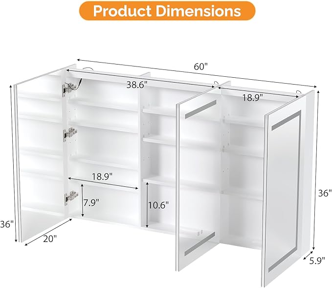 VINGLI 60 x 36 Inch Extra Large Lighted Bathroom Medicine Cabinet with Mirror, Large 3-Door Wall Mounted Bathroom Medicine Cabinet with Lights, Dimmable Mirror with Storage, Built-in Outlet & USB