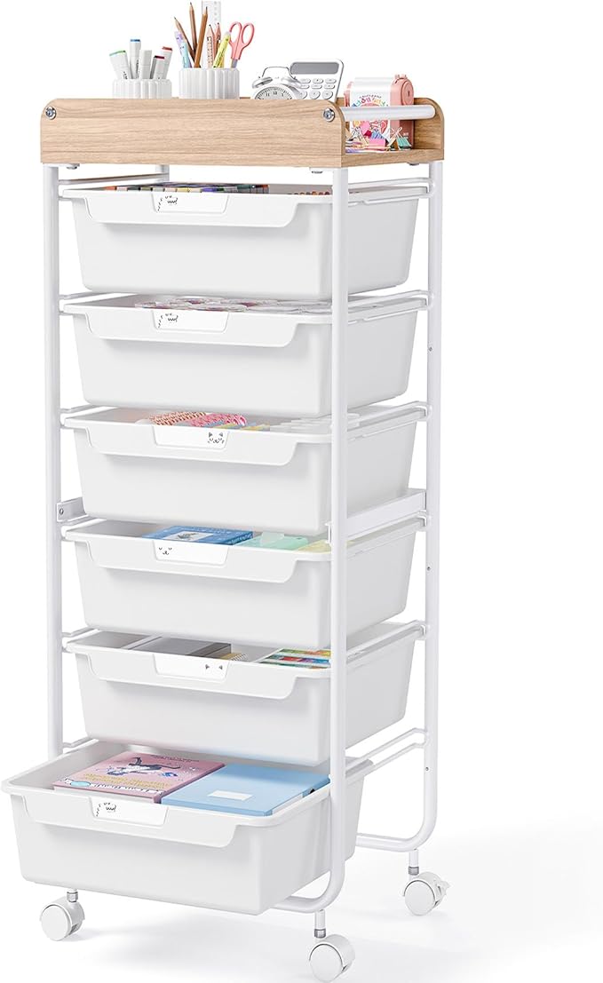 6 Drawer Rolling Cart for Craft Storage,Utility Drawer Organizer with Handle and Wooden Top, Storage on wheels for Office, Classroom,Laundry，Garage, Snack,Art Supply,White