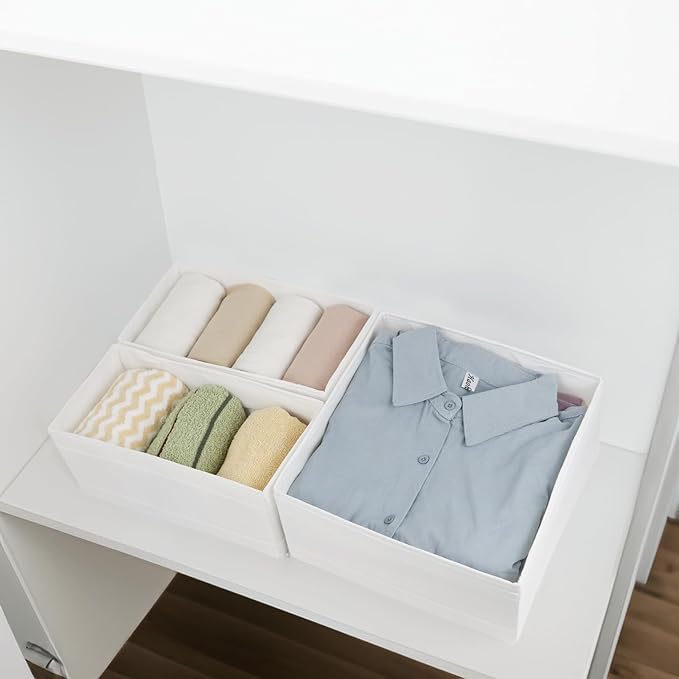 Washable Cloth Drawer Organizer, Set of 4 Foldable Sock Dresser Drawer Organizers Storage Boxes, Fabric Storage Boxes Closet Cabinet Organizer for Clothes (White, S+2M+L)