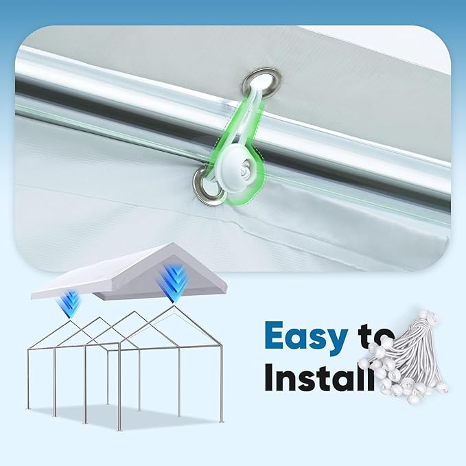 ADVANCE OUTDOOR Replacement Top Cover Tarp for 10x20 ft Carport Canopy with Ball Bungees, White, One Roof Only