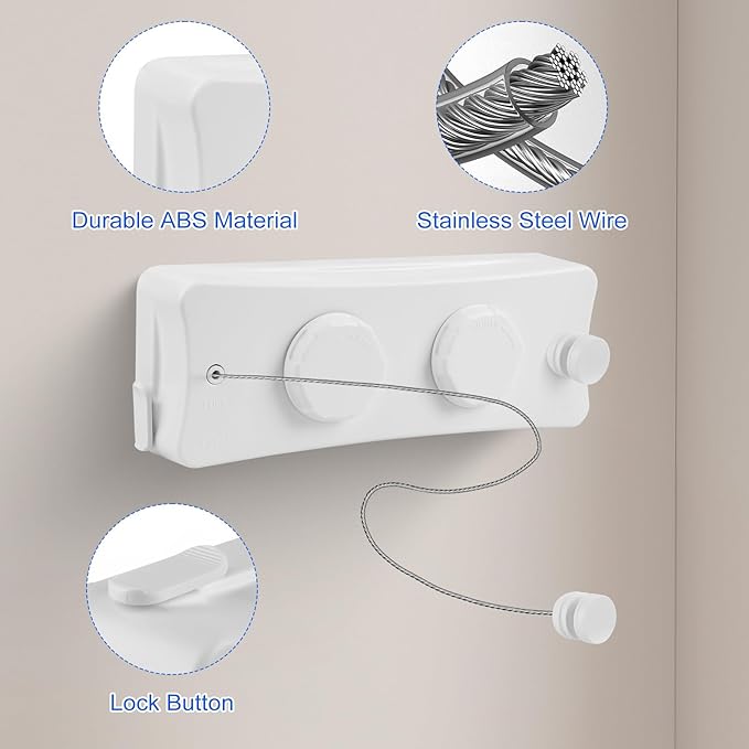 17Ft Retractable Clothesline Indoor/Outdoor, Comes with 30 clothespins, Anti-Sag for Drying Clothes line retracting Indoor/Outdoor, Dual-Line with Each Line 17Ft Long Laundry line Retractable