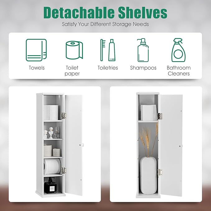 HOMGX Slim Bathroom Storage Cabinet, Freestanding Cabinet with Detachable Shelves & Top Slot, Toilet Paper Storage Holder for Small Spaces, Bathroom, Living Room, White