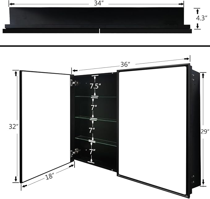 Medicine Cabinet with Aluminum Framed Mirror,36"x32" Surface Mount or Recessed Mount Bathroom Vanity Mirror,Single Door Bathroom Mirror with Storage Cabinet