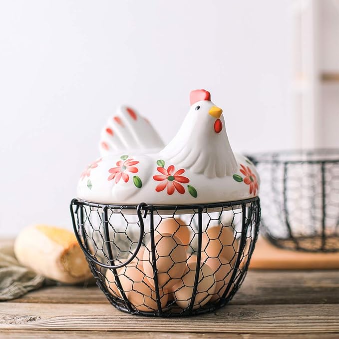 Kitchen Storage Metal Wire Egg Basket with Ceramic Farm Chicken Cover Fresh Egg Holder/Organizer Case/Container
