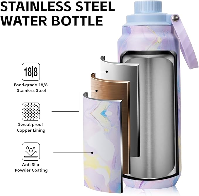 GREYLOCK 24 oz Insulated Water Bottle with Straw Lid, Leakproof Reusable Stainless Steel Vacuum Flask, 24hr Cold & Hot, Carry Handle & Silicone Spout, BPA-Free for Gym, Hiking, Travel,Purple
