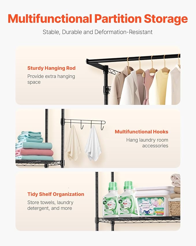 VEVOR Over The Washer and Dryer Storage Shelf, 3 Tier Laundry Room Drying Rack with Hanger Rod and Hooks, Adjustable Over Washer and Dryer Shelves, Laundry Room Shelf Storage Space Saver, Black