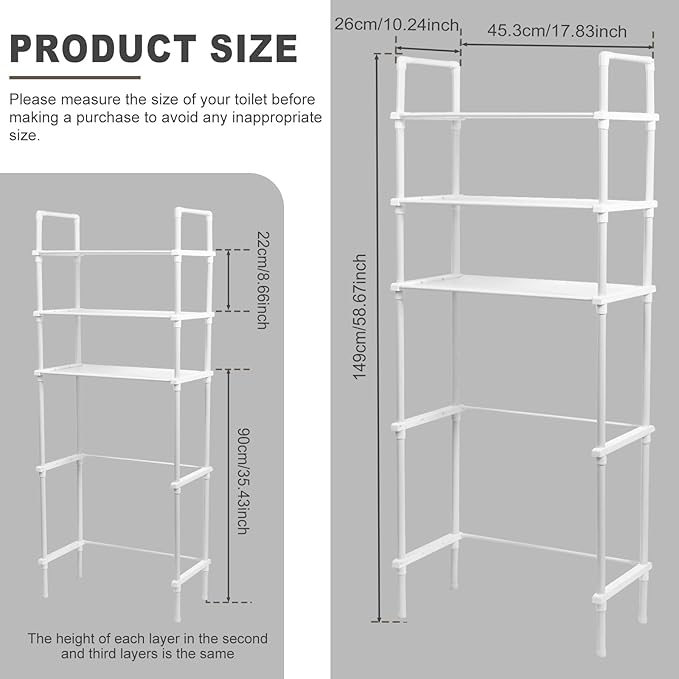 Over The Toilet 3-Tier Storage Cabinet, Above Toilet Storage Rack, Behind Toilet Shelf, Bathroom Organizer Freestanding Toilet Shelf Space Saver for Home Bathroom (White)