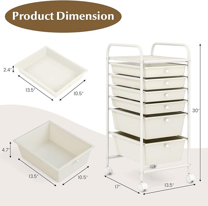 GOFLAME 6-Drawer Rolling Storage Cart, Multifunctional Art Supply Organizer Cart, Mobile Utility Storage Cart with Removable Drawers & Lockable Wheels, Craft Cart for Home Office, White