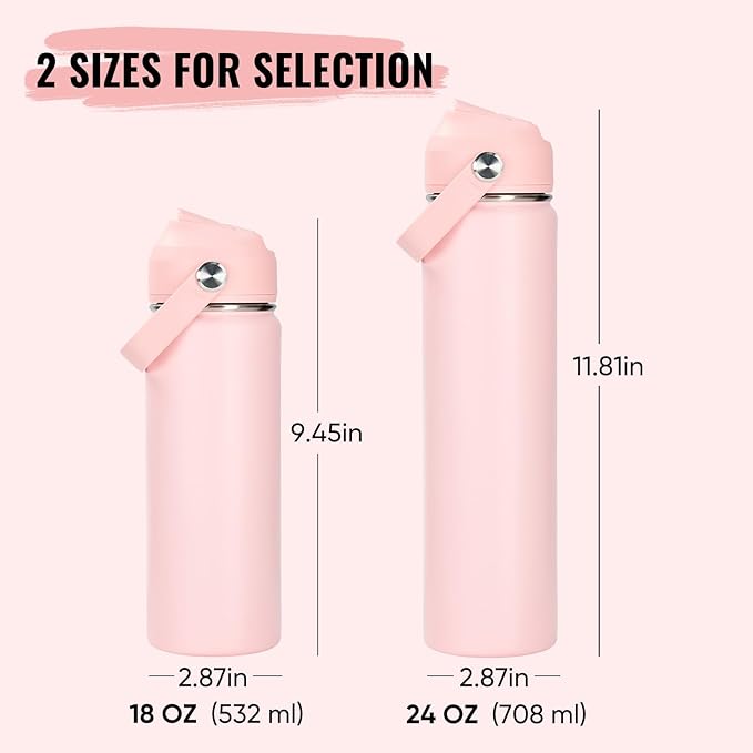 18oz Insulated Stainless Steel Water Bottle, Wide Mouth Double Wall Vacuum, Silicone Straw, Sweat & Leak Proof, BPA Free Insulated Water Flask for Travel, Keep Cold 24h Hot 12h, Coral Pink