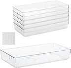 Ohlove 6Pcs Clear Plastic Drawer Organizers Tray 12" x 6.2" Storage Bins with 25Pcs Non-Slip Pads for Makeup, Jewelries, Kitchen Utensils, Bathroom and Office