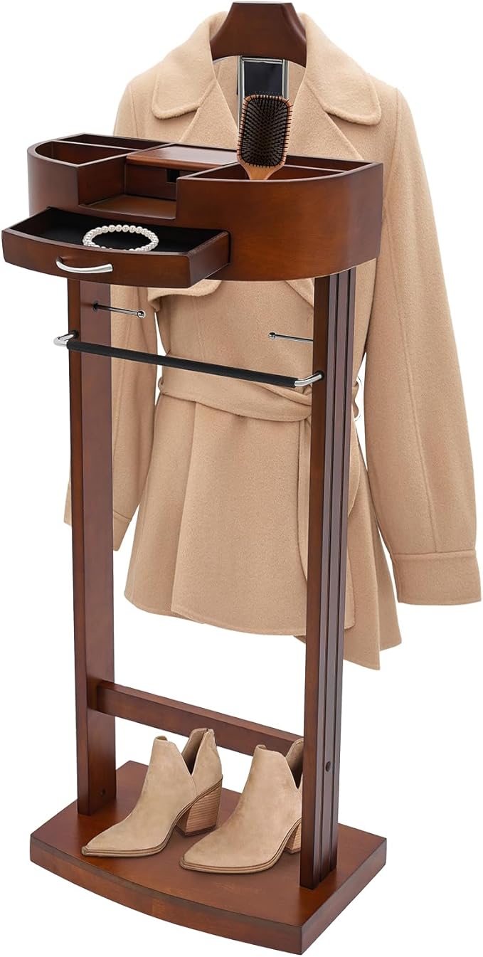 Valet Stand for Men, Wood Suit Valet Stand with Drawer for Women Wood Clothing valet stand with Top Tray, Contour Hanger, Trouser Bar and Shoe Rack Organizer