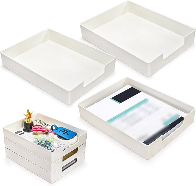 3 Pack Letter Tray, Plastic Stackable A4 Paper Trays, Rectangular Desk Drawer Organizer, File Holder for Desktop, Office Supplies Storage, White