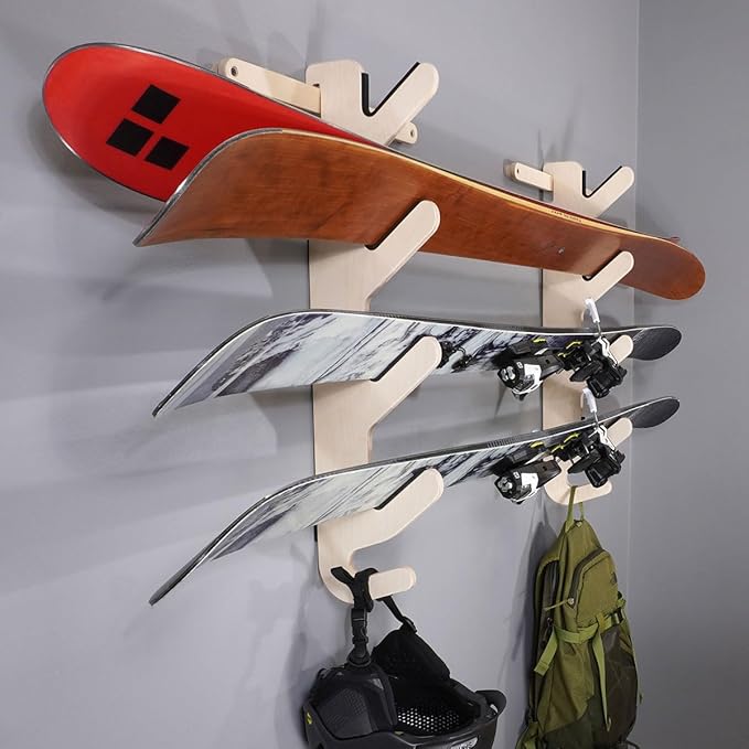 Grassracks Birch Wood Ski Rack - The Hallsteiner Series Horizontal Ski Wall Mount (3 or 4 Pairs of Skis, Birch)
