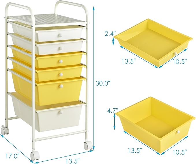 GOFLAME 6-Drawer Rolling Storage Cart, Multifunctional Art Craft Organizer Cart, Mobile Utility Storage Cart with Removable Drawers & Lockable Wheels, Craft Cart for Home Office, School, Yellow