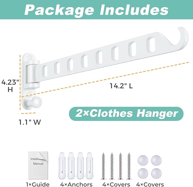 Wall Mounted Clothes Hanger with Swing Arm - 8-Hole Laundry Room Drying Rack | 180° Rotation & Space Saving for Hanging Clothes | Swing Away Coat Hanger | Aluminium(2-Pack, White)